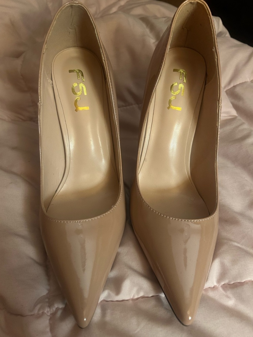 FSJ Beige Patent Pointed-Toe Pumps - Classic Women's Heels